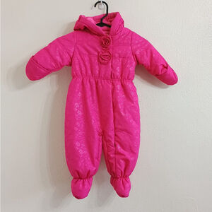Rothschild Baby Girl 12M Bright Pink Bubble Snowsuit Rose Embellishments